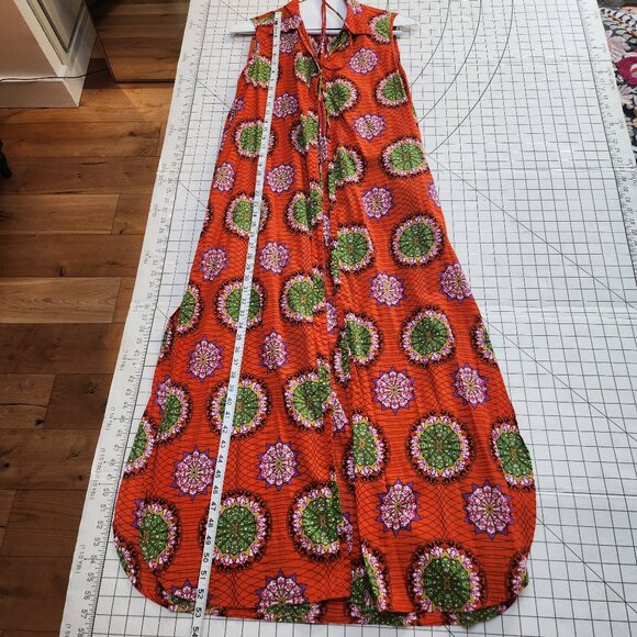 Vibrant Orange African Print Maxi Dress w/ side slits has POCKETS sz small - Picture 1 of 6